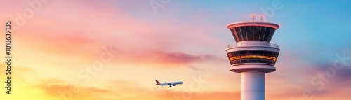 A stunning sunset view featuring an airplane approaching an airport control tower, symbolizing travel and aviation.