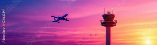 A vibrant sunset scene features an airplane flying near an airport control tower against a stunning purple and orange sky.