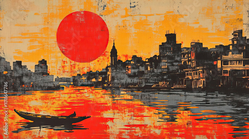 Khulna, Bangladesh, color wood block print effect. Woodblock printing. Graphic designed, illustration for travel poster, card, wallpaper, backdrop or banner. Modern, clear, artistic and simple