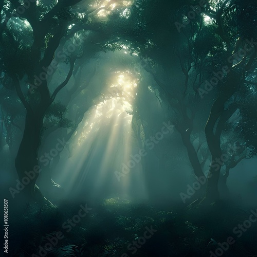 Mystical forest with fog and sunlight streaming through trees Foresta mistica con nebbia e luce solare che filtra attraverso gli alberi