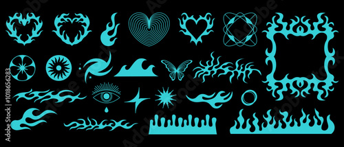 Vector design set, flames and fire, acid neo tribal shapes, y2k elements and abstract illustrations in gothic style, gothic and acid tattoos and print templates