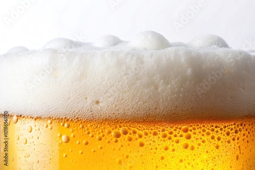 Beer foam texture on white background, perfect for beverage or brewing concepts