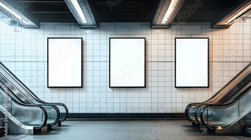 Three Blank Advertisement Posters Mounted on a White Tile Wall with Escalators on Either Side in a Subway Station