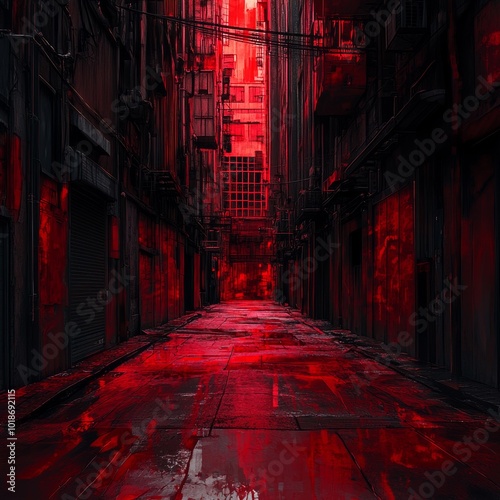 alleyway with a lot of red stirngs, red theme