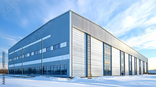 A Modern Industrial Building Stands in the Snow, with a Blue Sky and White Clouds Overhead