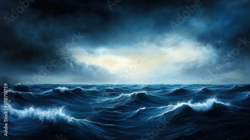 stormy ocean scene with dark churning waves and dramatic clouds creates sense of power and intensity. turbulent waters reflect mood of sky, evoking feelings of awe and respect for natures forces