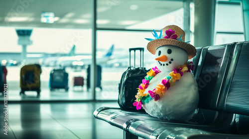 Winter Christmas travel. Snowman ready for vacation wearing lei and hat, sitting at an airport gate surrounded by luggage, capturing a fun contrast of winter and travel. Image made using Generative AI