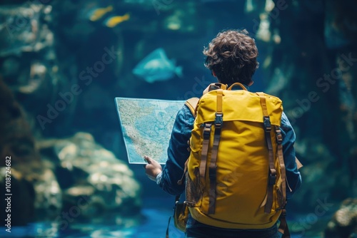 A person studying a map while carrying a backpack, perfect for travel or adventure scenes