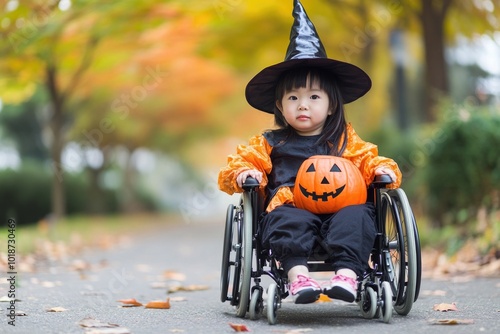 A young girl dressed as a witch or ghost trick-or-treating on Halloween, confined to a wheelchair due to mobility issues