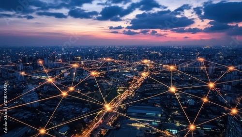 A wide aerial view of the city at night, with glowing network connections linking buildings and streets across its landscape Generative AI