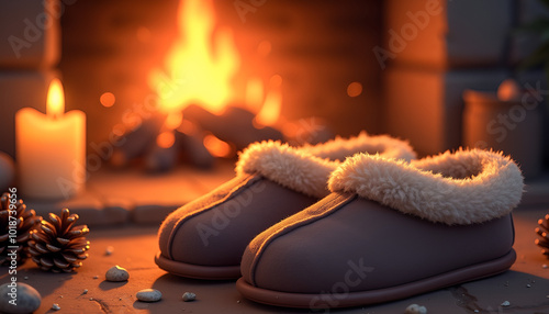 Cozy slippers with fluffy lining resting in front of a warm fireplace, creating a relaxing and inviting atmosphere 