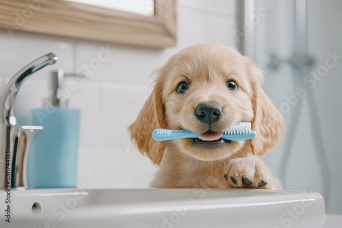 Adorable puppy holding a toothbrush in its mouth, standing by the sink, playful and fun bathroom scene, perfect for pet care ads, dental hygiene products, or playful branding