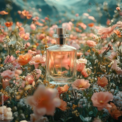 A beautiful perfume bottle surrounded by vibrant flowers in a picturesque landscape, capturing the essence of fragrance and nature.