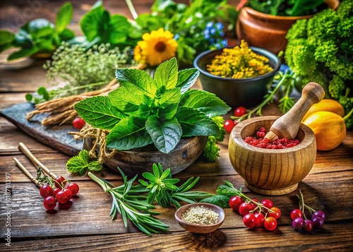 Fresh herbal natural diuretic ingredients on wooden table with green leaves and rustic background