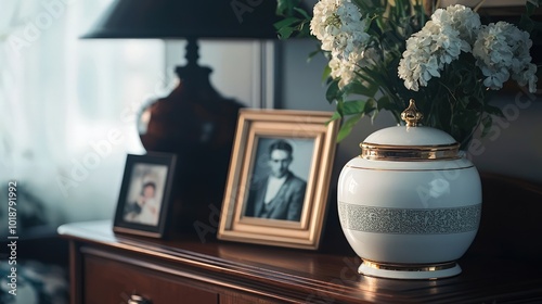 A cremation urn displayed alongside cherished keepsake items, such as a framed photograph and a folded letter, symbolizing personal remembrance.