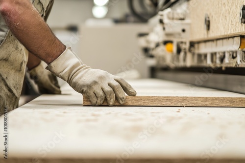 A person works on a wooden craft, carving and shaping the material