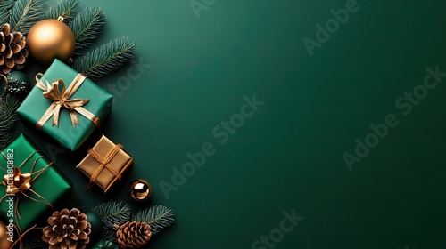 Festively arranged green gifts and ornaments on a dark green background, evoking holiday cheer and seasonal celebration.