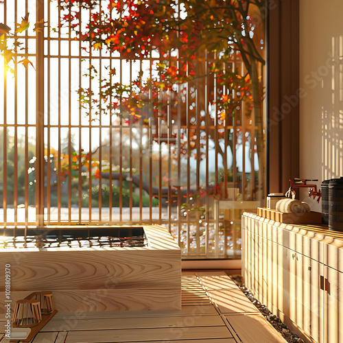 luxury japan-inspired bathroom, a high-quality photograph of a luxurious japanese-style bathroom interior, featuring a wooden square bathtub and spring amenities, shot with a canon eos r camera and