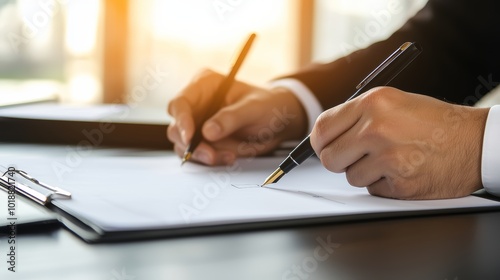 Close-up of businessperson s hand signing a document with a pen, dark wooden desk, sharp focus on signature, professional business agreement concept