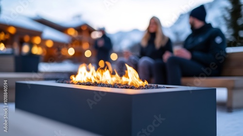 Family warming up by an outdoor fire pit at a ski resort après-ski lounge, with skiers passing by in the background 