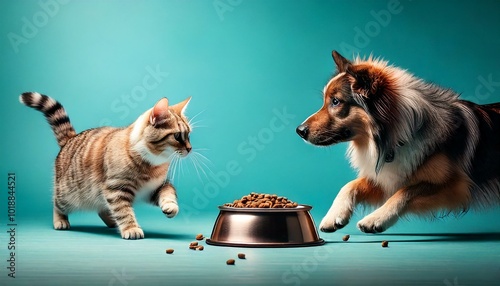 Chien et chat autour d'une gamelle de croquettes