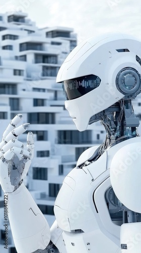 A robotic hand is firmly holding a model house right in front of a house