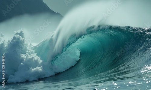 A massive tsunami wave approaches the coastline, threatening to engulf everything in its path. Nature's fury unleashed.