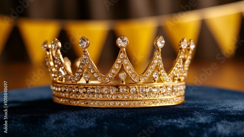 Shiny homecoming crown resting on a velvet cushion with school banners in the background, royalty theme 