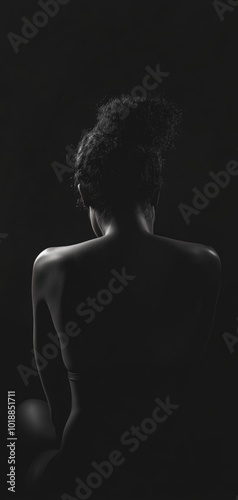 Artistic silhouette of a woman's bare back illuminated by soft lighting against a moody black background