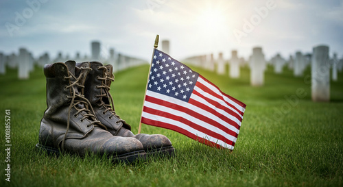 Military boots with American flag on grassy ground near gravestones symbolizing sacrifice and honor