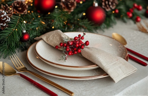 Elegant holiday dining setup featuring red and green decor with festive tableware