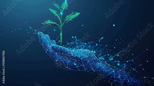 Digital hand nurturing a green sprout, symbolizing technological growth and environmental sustainability in a futuristic blue network landscape.