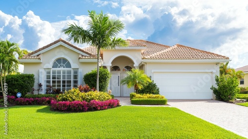 Beautiful Florida home with lush landscaping and bright flowers under a sunny sky during midday