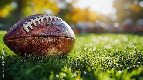 A close-up shot of an American football resting on green grass, illuminated by soft natural sunlight, with a blurred background of more footballs and warm sunlight bokeh