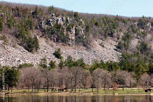 Looking back at the South Shore picnic area of Devil's Lake State Park, Baraboo, Wisconsin, in early April, with the bluffs as its background.