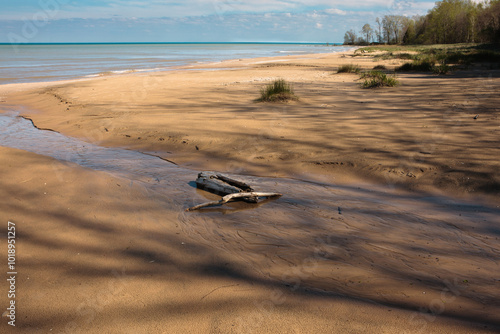 A small run-off stream enters Lake Michigan, shadowed in the springtime afternoon by the shoreline trees at Harrington Beach State Park, Belgium, Wisconsin, soon to be replaced by summer beach goers