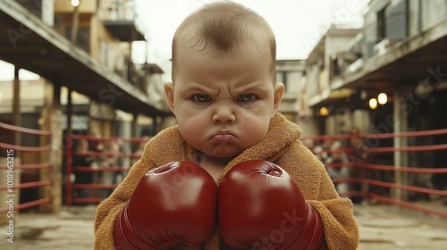 A determined baby boxer with red gloves is standing in a boxing ring, with an intense expression of toughness and readiness, evoking a sense of strength and challenge