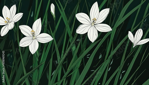 Line art illustration Zephyranthes candida (Rain Lily) blooms, surrounded by slender dark green grassy leaves in a botanical study.