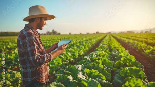 The agronomist is holding a tablet documenting data Inspecting Vegetable Plants