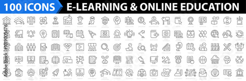 E-learning 100 icon set. Online Education icon collection. Distance learning. Video tuition, online course, audio course, digital education, educational website and more. Vector illustration