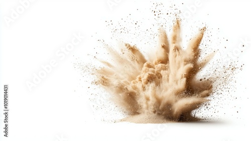 Dust explosion creating a cloud of fine particles against a white background