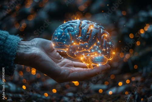 Businessman holding brain symbolizing deep learning and ai technology in innovative concepts