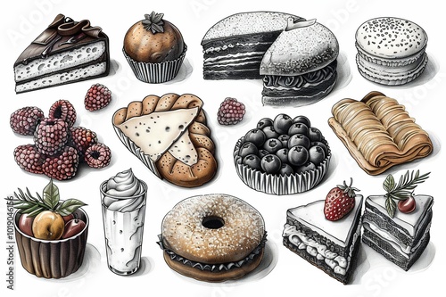 An outline drawing of a variety of baked goods.