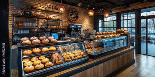 A bakery counter with pastries on display, featuring a rustic wooden counter, brick walls and glass display cases.