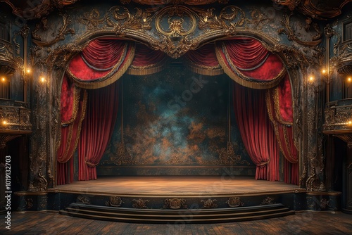 ornate theater stage with luxurious crimson velvet curtains golden tassels and antique footlights casting a warm glow intricate baroque details adorn the proscenium arch