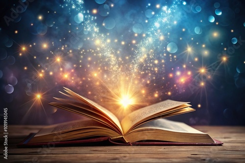 Magical book of Akashic Records with pretty lights and dark mysterious background reflected