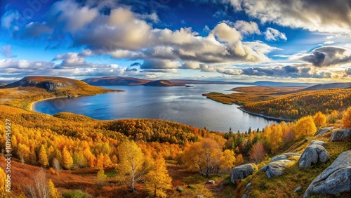 Magnificent panorama of the northern autumn nature in Murmansk region, Apatity, Kirovsk, and the White Sea captured in wide-angle