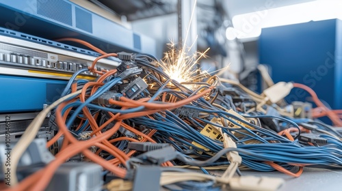 Bunch of wires are tangled together on a table. The wires are of different colors and sizes, and they are all tangled up. The scene gives off a sense of chaos and disorganization