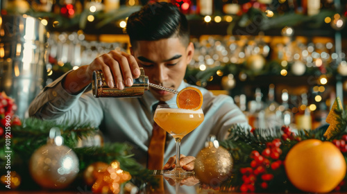 Crafting festive cocktail, bartender skillfully pours drink adorned with holiday garnishes, surrounded by seasonal decorations.