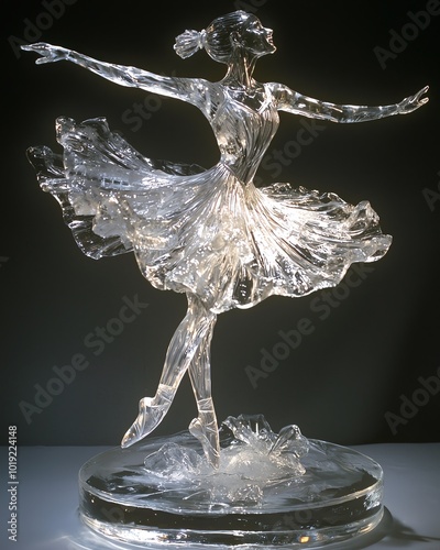 Life-size ice sculpture of a ballerina in mid-pirouette